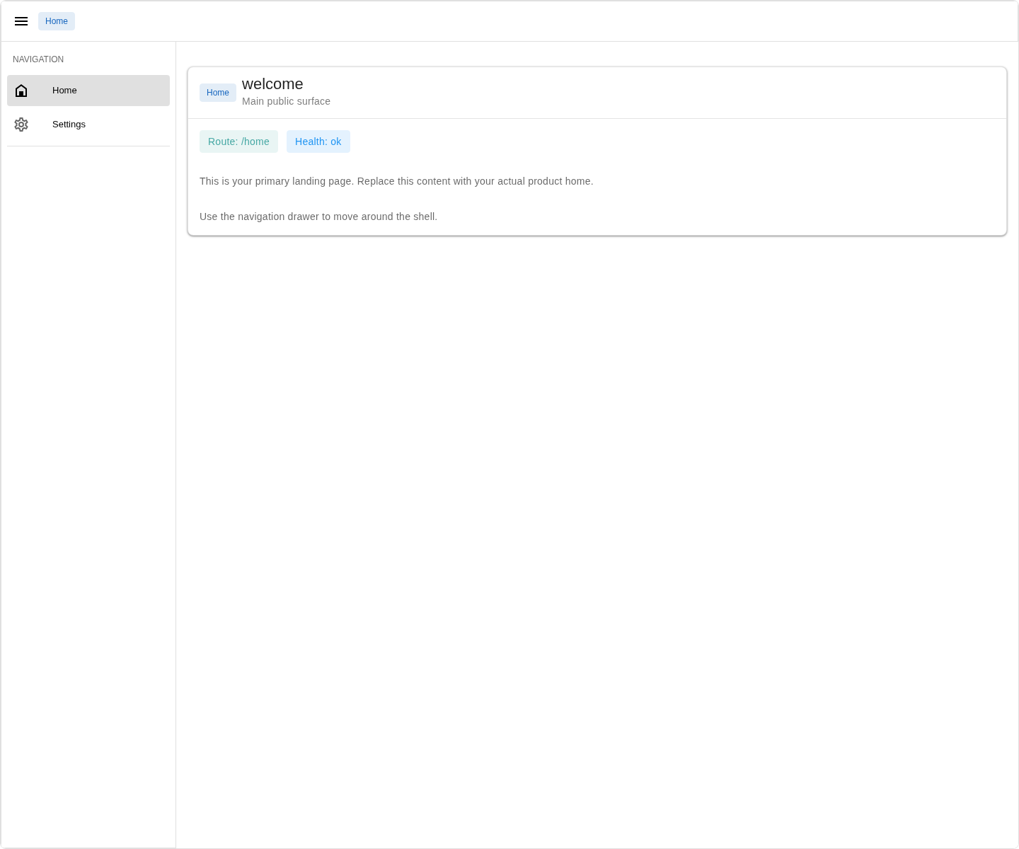Example app with the default shell layout and starter home page