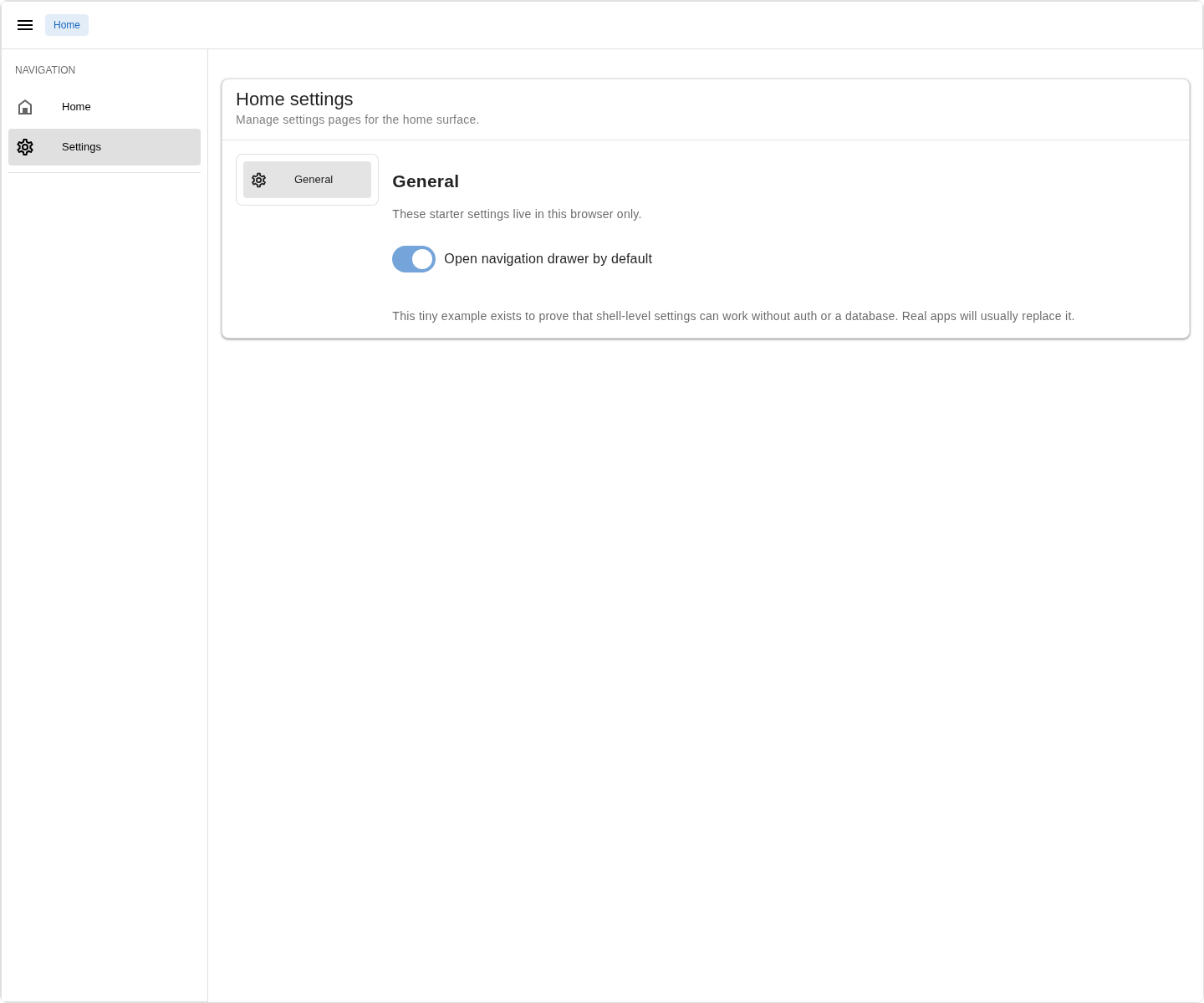 Example app home settings page with the seeded General child page and nested settings menu