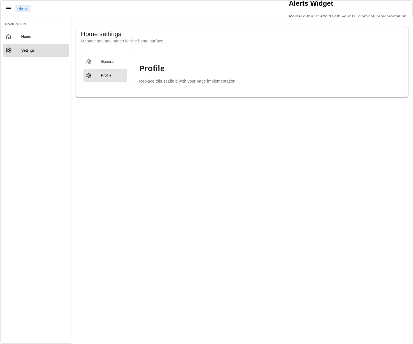 Example app home settings page after generating the Profile child page, showing the automatic settings menu entry and child page content