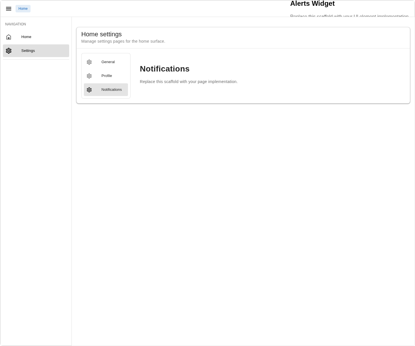 Example app home settings page after generating Profile and Notifications child pages, showing the stacked automatic settings menu entries
