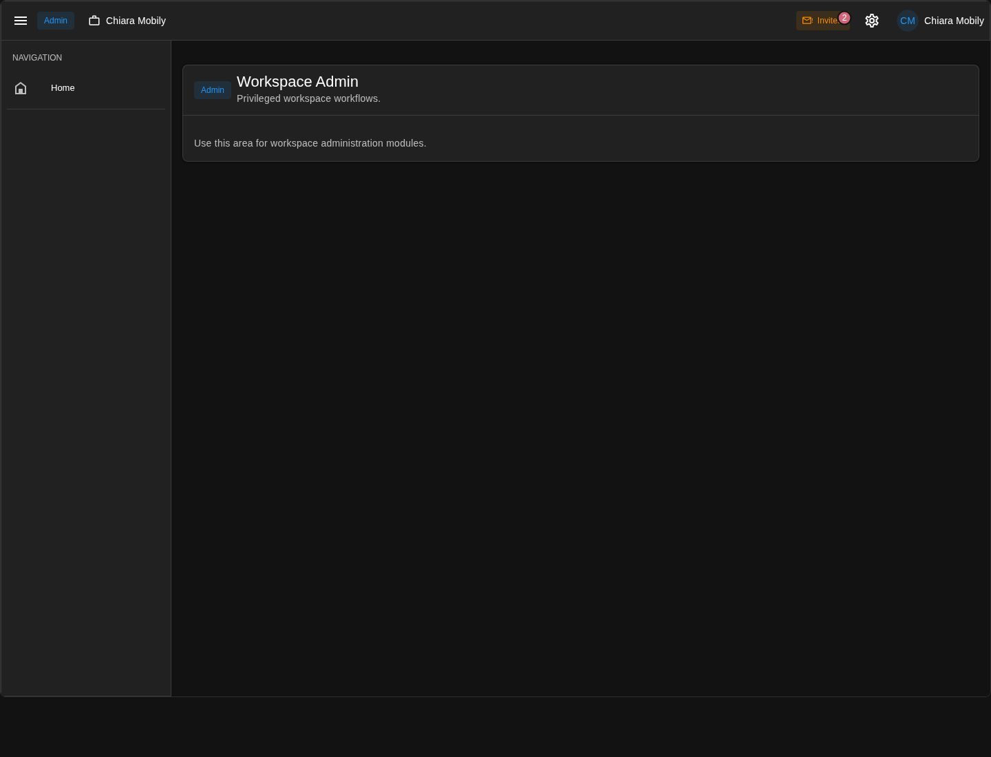 Example app workspace admin route after the multi-homing chapter