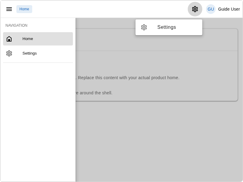 Example app home surface after the users chapter, showing the signed-in shell with the Settings profile-menu entry